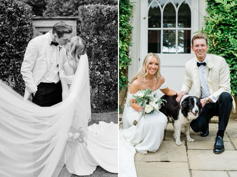 Bride groom and their dog at their Suffolk garden wedding.