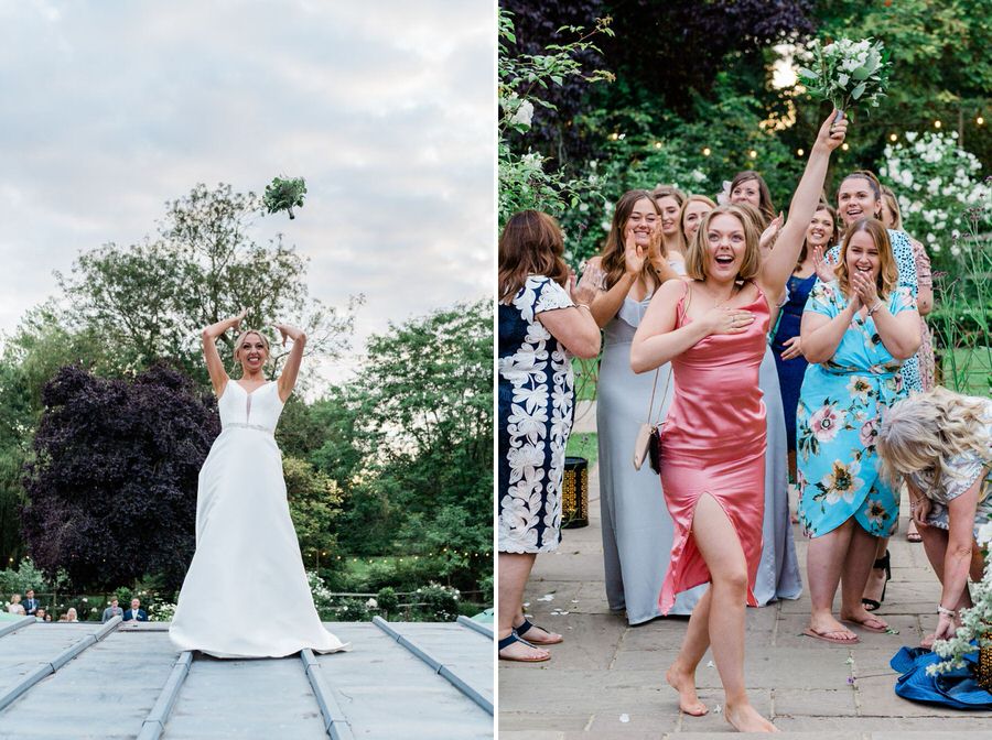 Bride throwing bouquet off the roof at Houchins wedding venue.